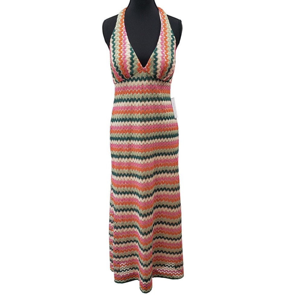 Premier Amour Maxi Dress Womens Medium Multi‎ Chevron Crochet Halter NWT Boho